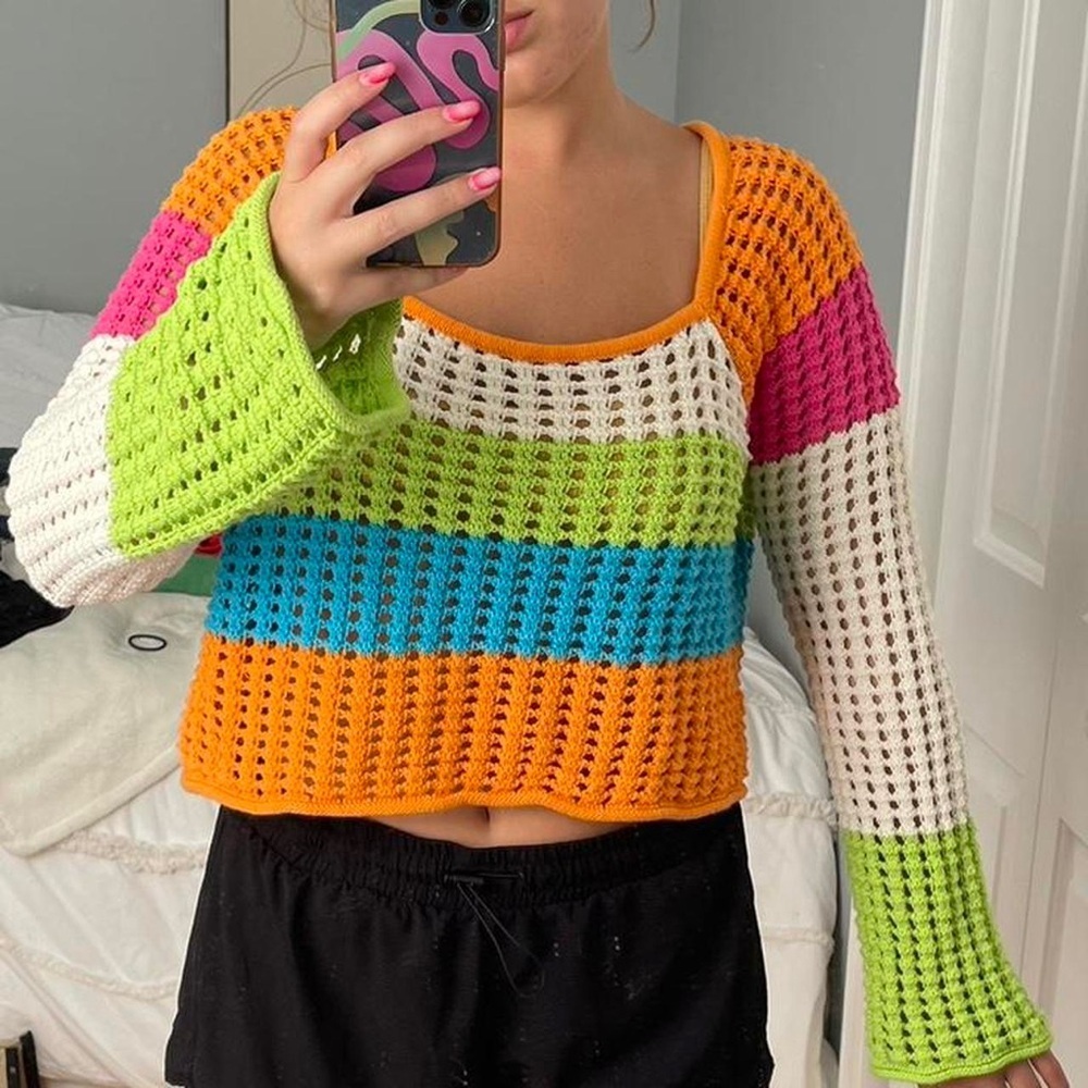 Colorful Striped Square Neck Pointelle Pullover Knit Sweater Size XL Wild Fable - Picture 3 of 11